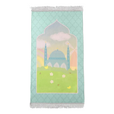 Pastelgroene gebedskleed met moskee en landschap design door Hamza Boek Design